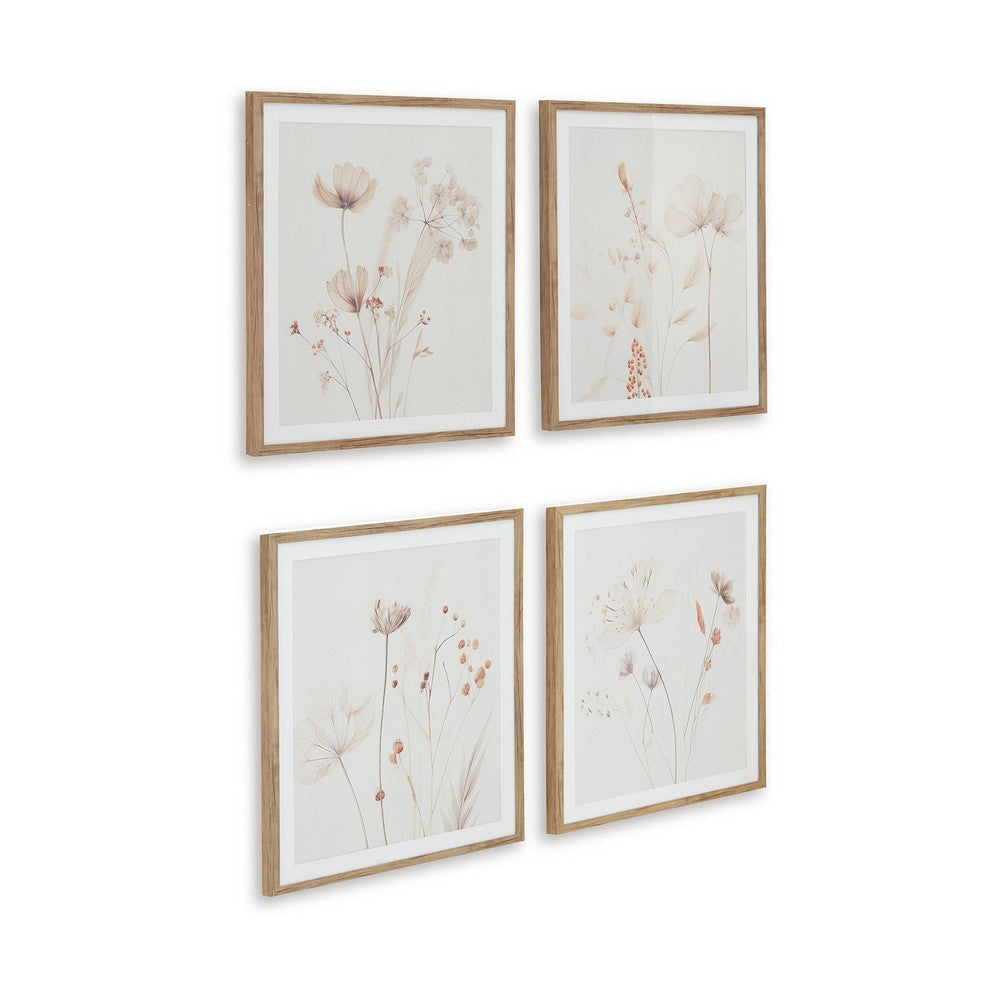 Ashley Corwin Wall Art Set of 4 Simple Flowers Light Brown Wood Frame 23x27 BM329058