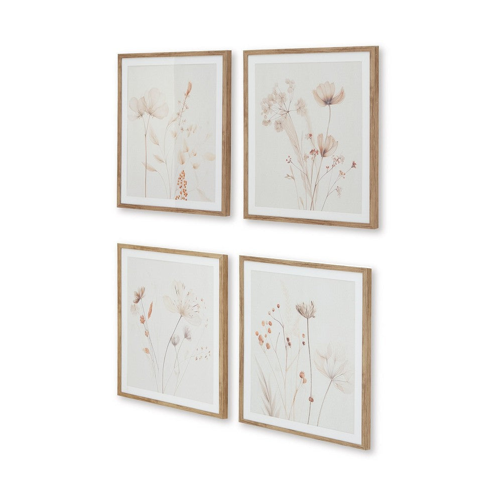 Ashley Corwin Wall Art Set of 4 Simple Flowers Light Brown Wood Frame 23x27 BM329058
