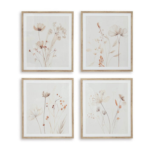Ashley Corwin Wall Art Set of 4, Simple Flowers, Light Brown Wood Frame 23x27