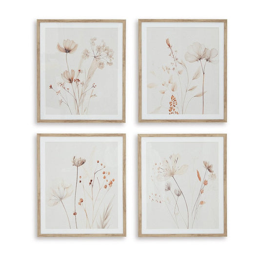 Ashley Corwin Wall Art Set of 4, Simple Flowers, Light Brown Wood Frame 23x27
