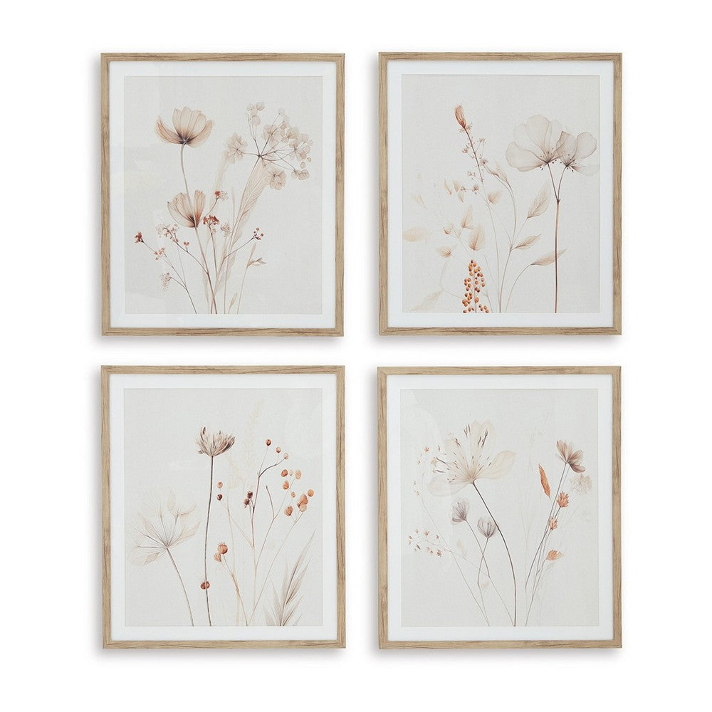 Ashley Corwin Wall Art Set of 4, Simple Flowers, Light Brown Wood Frame 23x27