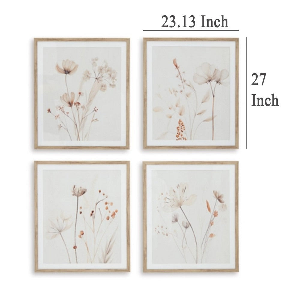 Ashley Corwin Wall Art Set of 4 Simple Flowers Light Brown Wood Frame 23x27 BM329058