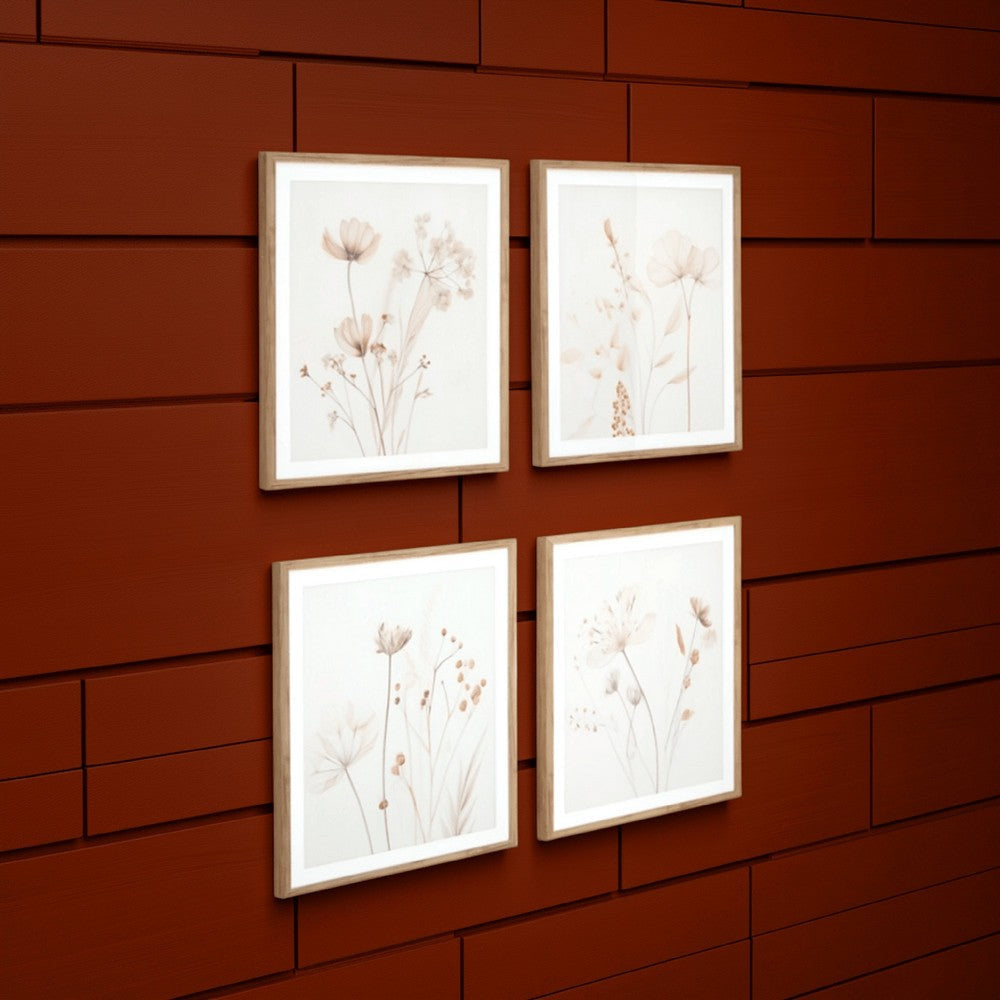 Ashley Corwin Wall Art Set of 4 Simple Flowers Light Brown Wood Frame 23x27 BM329058