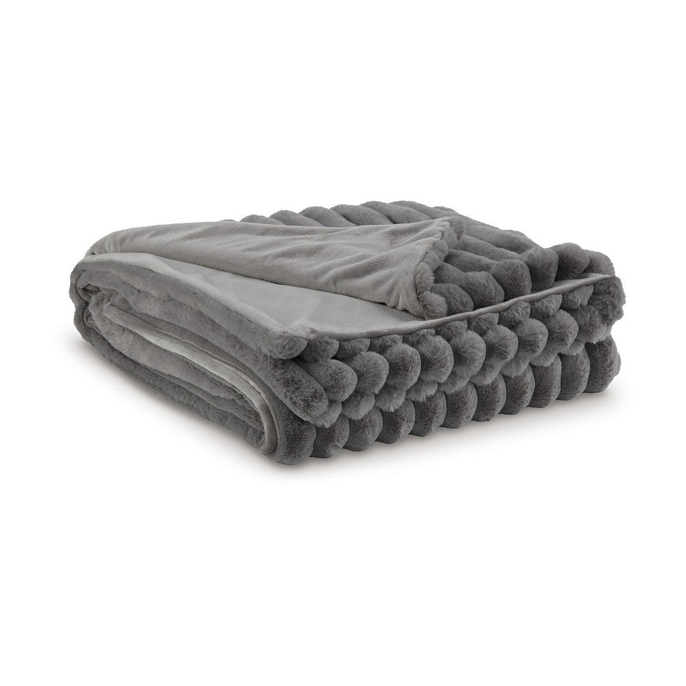 Ashley Visha Throw Blanket, Jacquard Faux Fur Stripes, Modern Gray Polyester