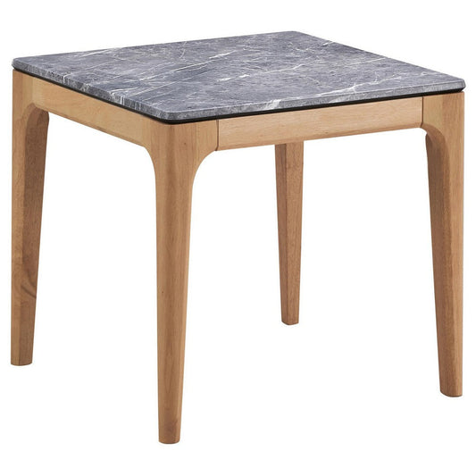 Aris Side End Table, 24 Inch Gray Faux Marble, Square Light Oak Wood