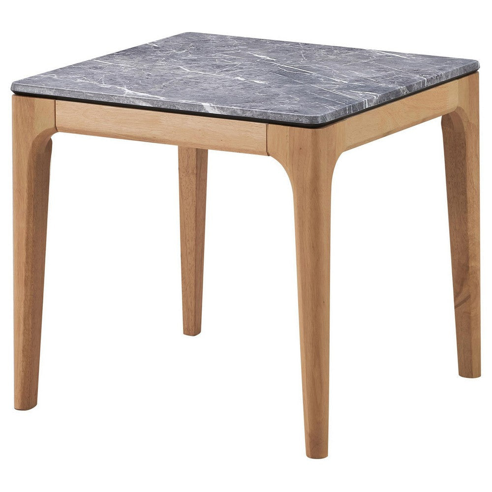 Aris Side End Table 24 Inch Gray Faux Marble Square Light Oak Wood BM329072