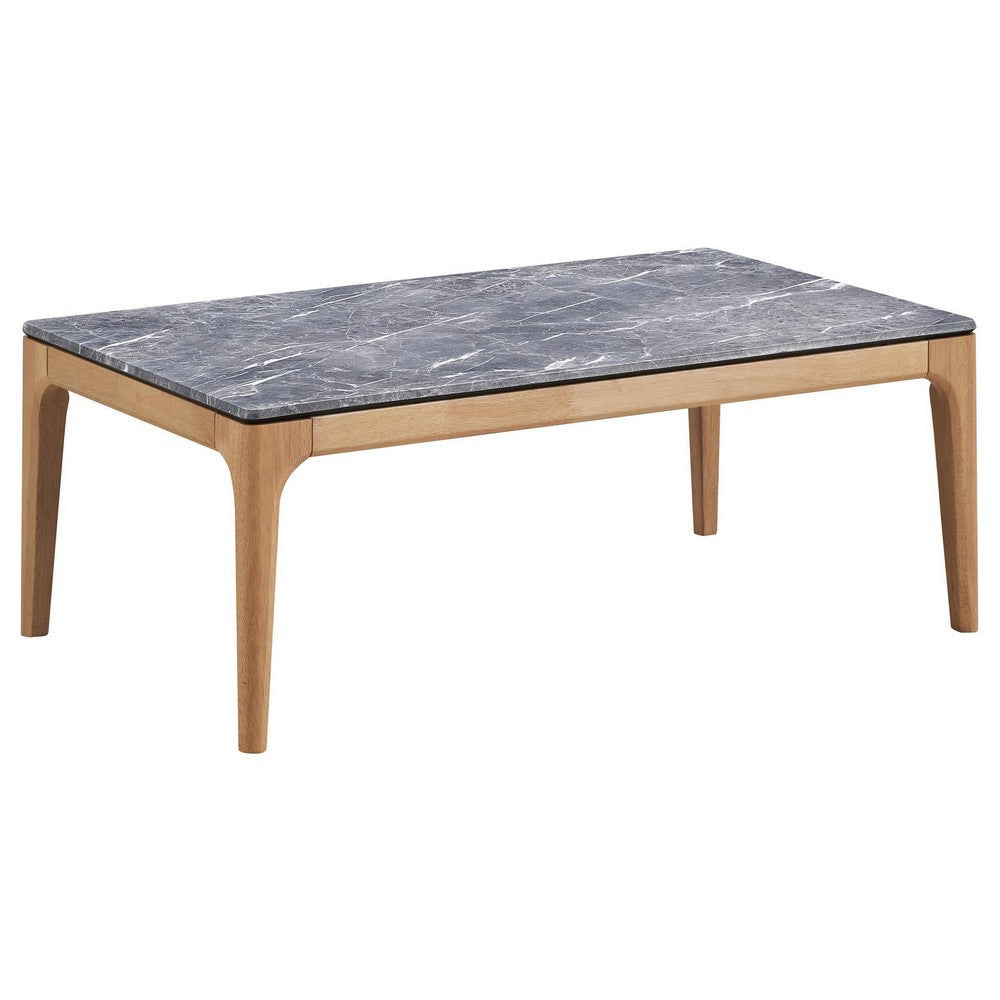 Aris Coffee Table, 47 Inch Gray Faux Marble, Rectangular Brown Wood