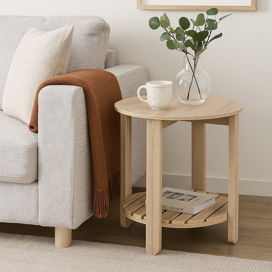 Fowl Round Side End Table, Slatted Lower Shelf, 22 Inch Natural Brown