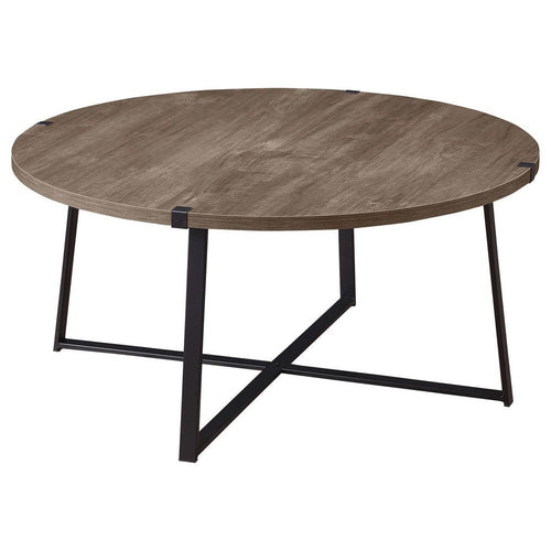 Mari Coffee Table, 36 Inch Round, Industrial Bracket Metal Base, Gray