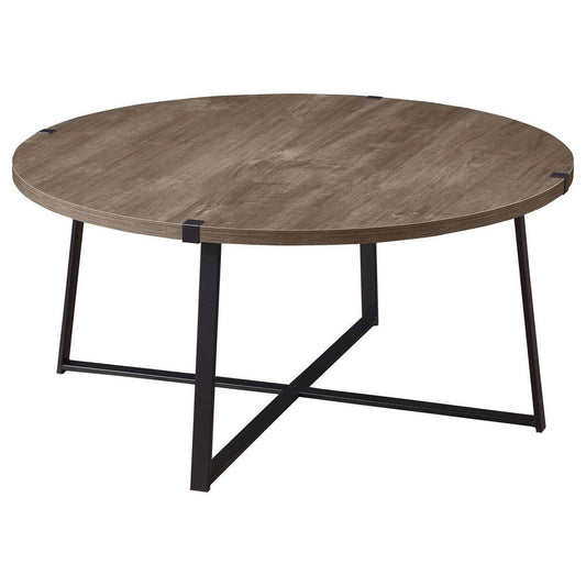 Mari Coffee Table, 36 Inch Round, Industrial Bracket Metal Base, Gray