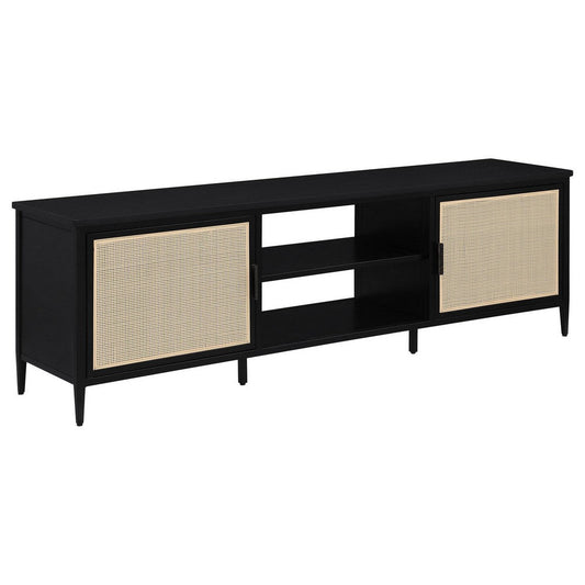 Lanie TV Stand Media Cabinet with 2 Door, PE Cane Front, Black Metal