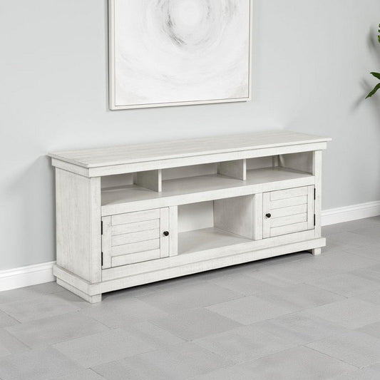 Ayne TV Stand Media Cabinet, 2 Doors and 4 Shelves, White Wood 60 Inch