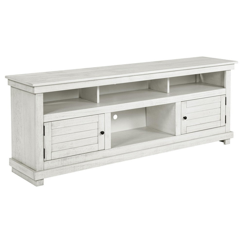 Ayne TV Stand Media Cabinet, 2 Doors and 4 Shelves, White Wood 70 Inch
