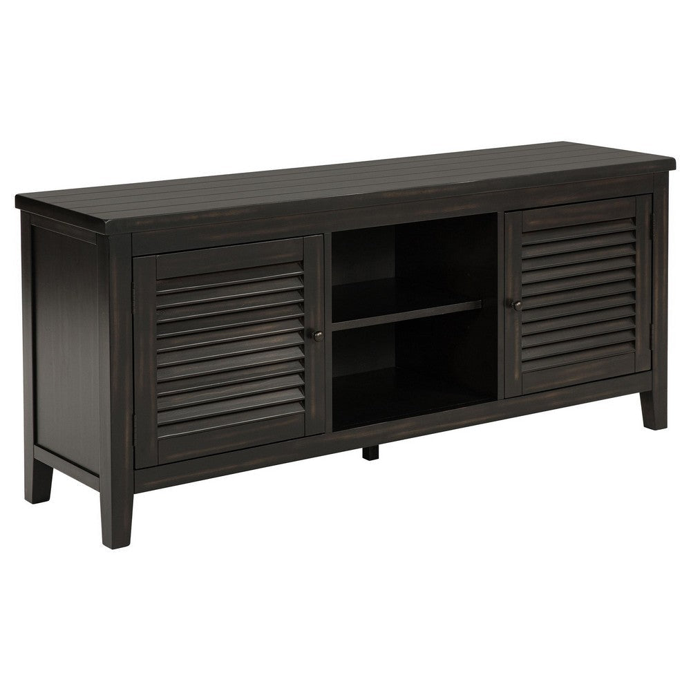 Coni TV Stand Media Cabinet, 2 Door and Shelves, Black Wood 60 Inch