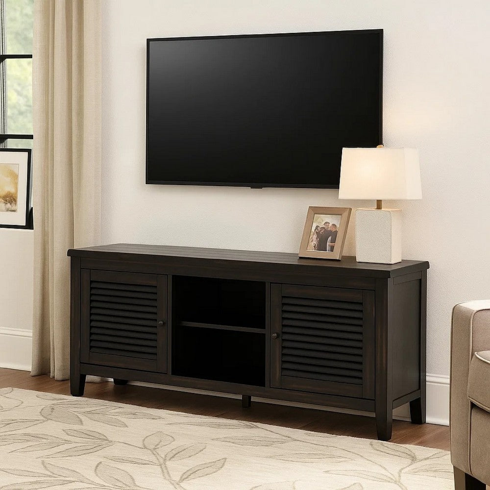 Coni TV Stand Media Cabinet, 2 Door and Shelves, Black Wood 60 Inch