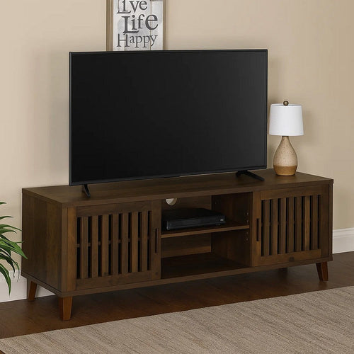 Sid TV Stand Media Cabinet, 2 Slatted Doors, Shelf, Brown Wood 60 Inch