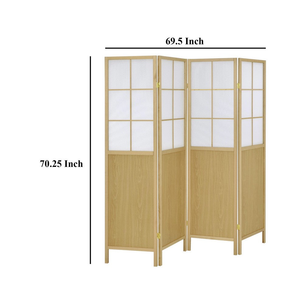 4 Panel Screen Room Divider, Foldable Design, Natural Brown 70 Inch
