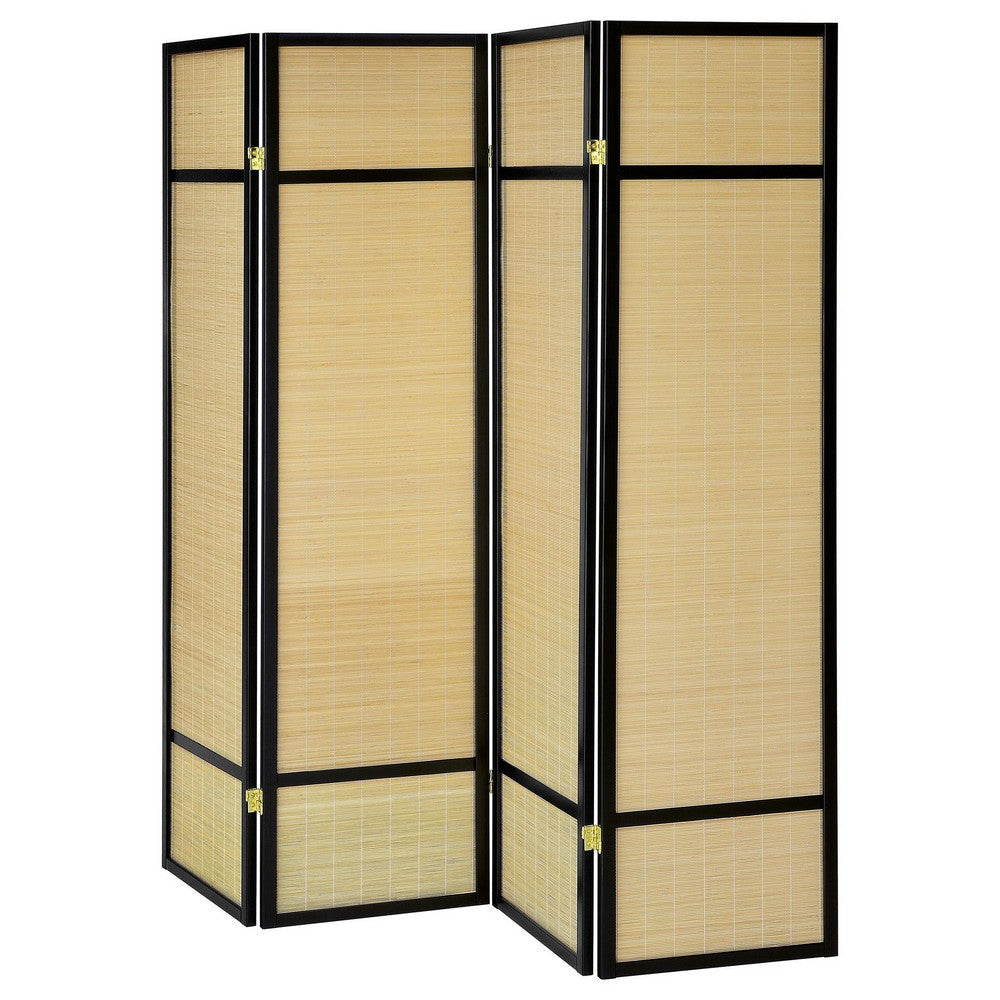 Arce 4 Panel Foldable Privacy Screen Bamboo Black Pine Wood Frame BM329104