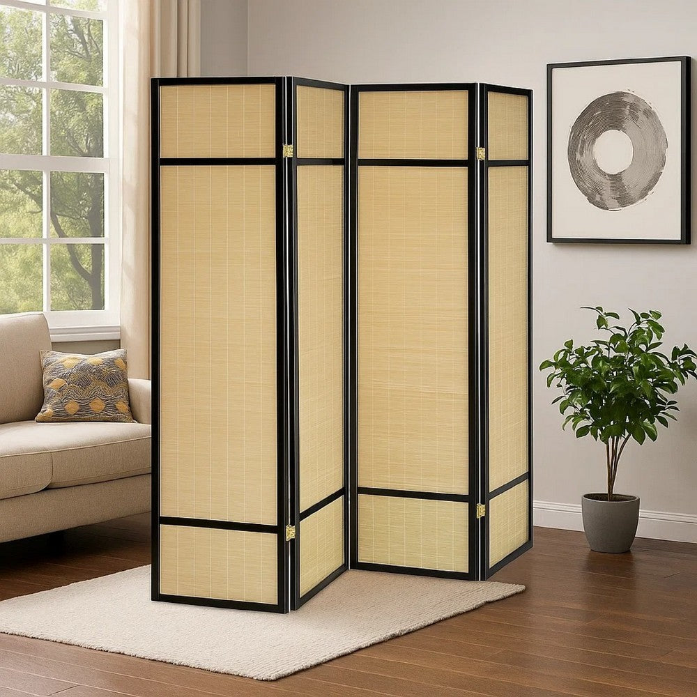 Arce 4 Panel Foldable Privacy Screen, Bamboo, Black Pine Wood Frame