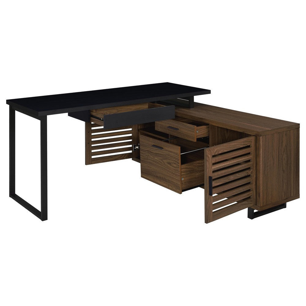 Doxx L Shape Computer Desk 2 Doors Drawers Black Metal Walnut Wood BM329105