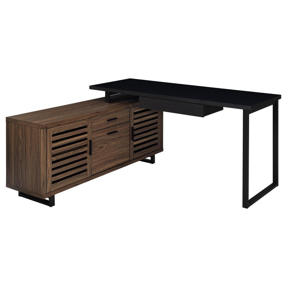 Doxx L Shape Computer Desk 2 Doors Drawers Black Metal Walnut Wood BM329105