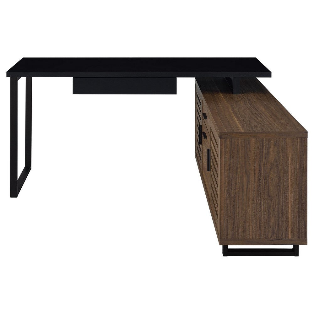Doxx L Shape Computer Desk 2 Doors Drawers Black Metal Walnut Wood BM329105