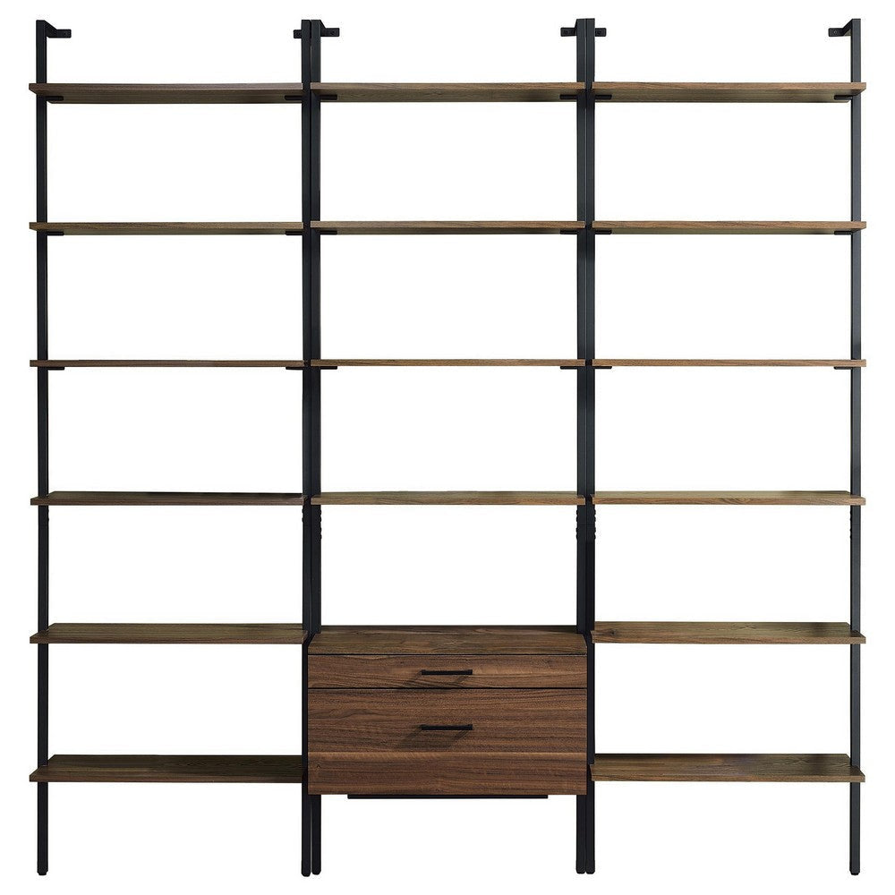 Wens 3pc Wall Mounted Bookcase Set, Shelves, 2 Drawers, Walnut Brown