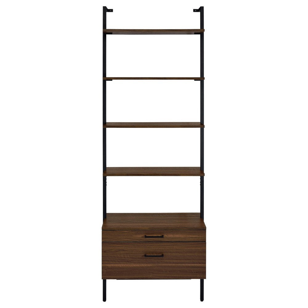 Wens Wall Mounted Bookcase Unit 4 Shelves 2 Drawers Black Brown BM329108