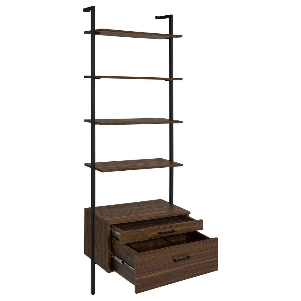 Wens Wall Mounted Bookcase Unit 4 Shelves 2 Drawers Black Brown BM329108