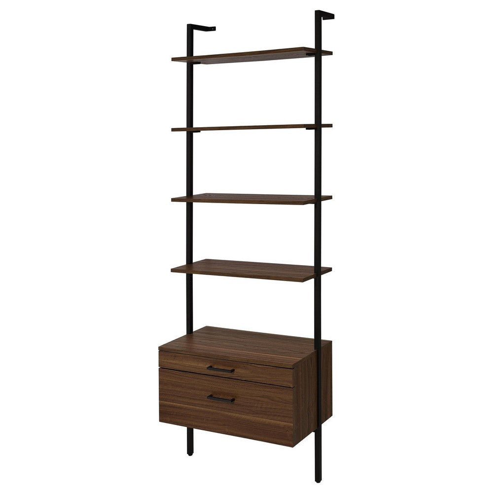 Wens Wall Mounted Bookcase Unit 4 Shelves 2 Drawers Black Brown BM329108