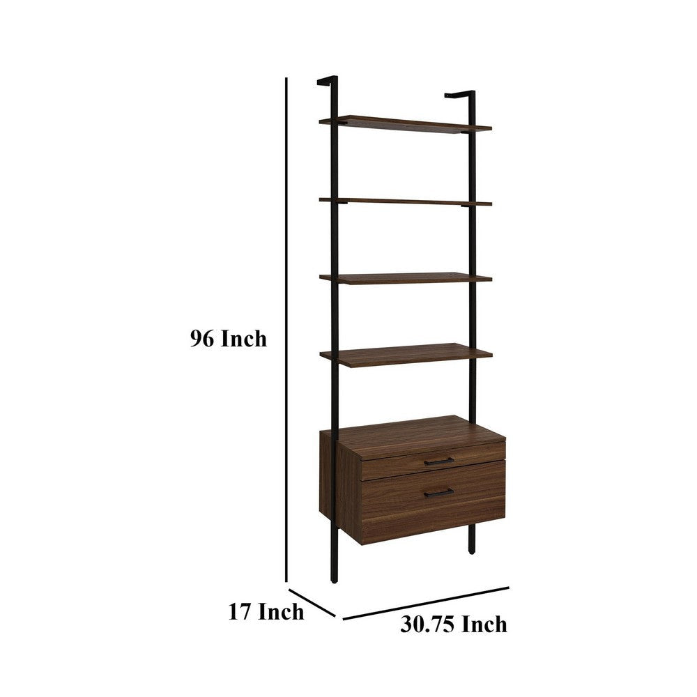 Wens Wall Mounted Bookcase Unit 4 Shelves 2 Drawers Black Brown BM329108