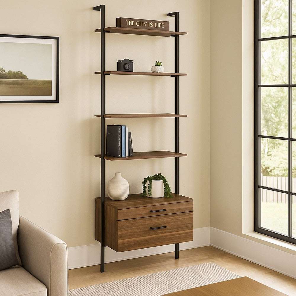 Wens Wall Mounted Bookcase Unit, 4 Shelves, 2 Drawers, Black Brown