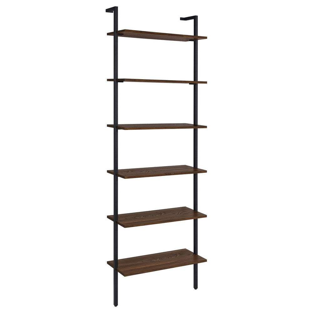 Wens Wall Mounted Bookcase Unit, 6 Open Shelves, Black Metal, Brown