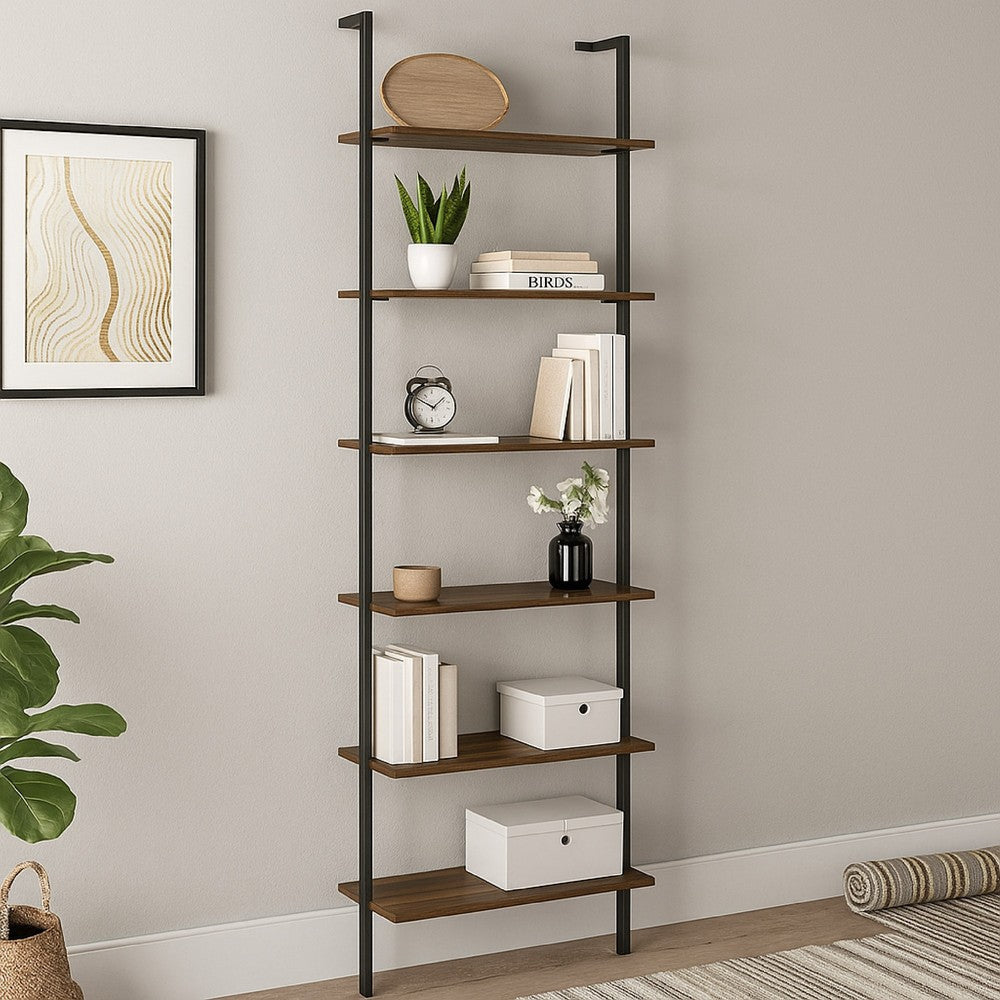 Wens Wall Mounted Bookcase Unit, 6 Open Shelves, Black Metal, Brown