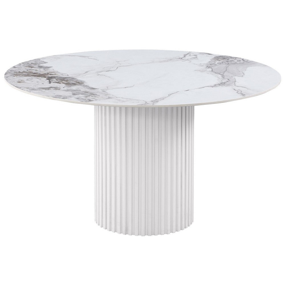Cade Round Dining Table with Reeded Base White Sintered Stone 53 Inch BM329112