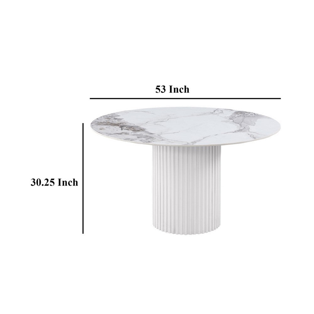 Cade Round Dining Table with Reeded Base White Sintered Stone 53 Inch BM329112