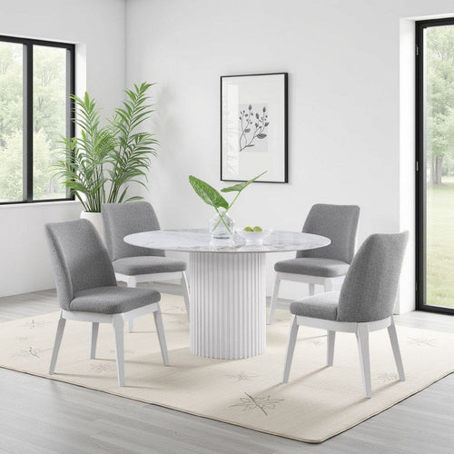 Cade Round Dining Table with Reeded Base, White Sintered Stone 53 Inch