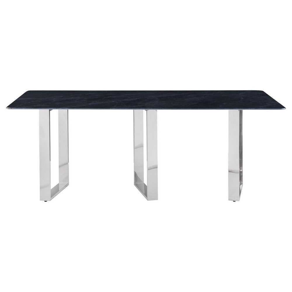 Eden Dining Table, Metal Base, Rectangular Gray Sintered Stone 79 Inch