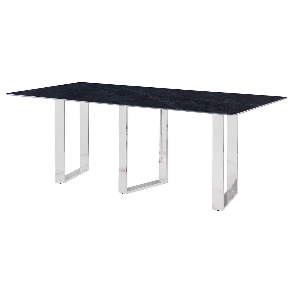 Eden Dining Table, Metal Base, Rectangular Gray Sintered Stone 79 Inch