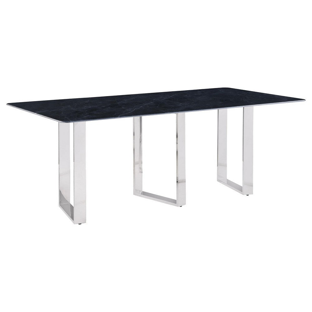 Eden Dining Table, Metal Base, Rectangular Gray Sintered Stone 79 Inch