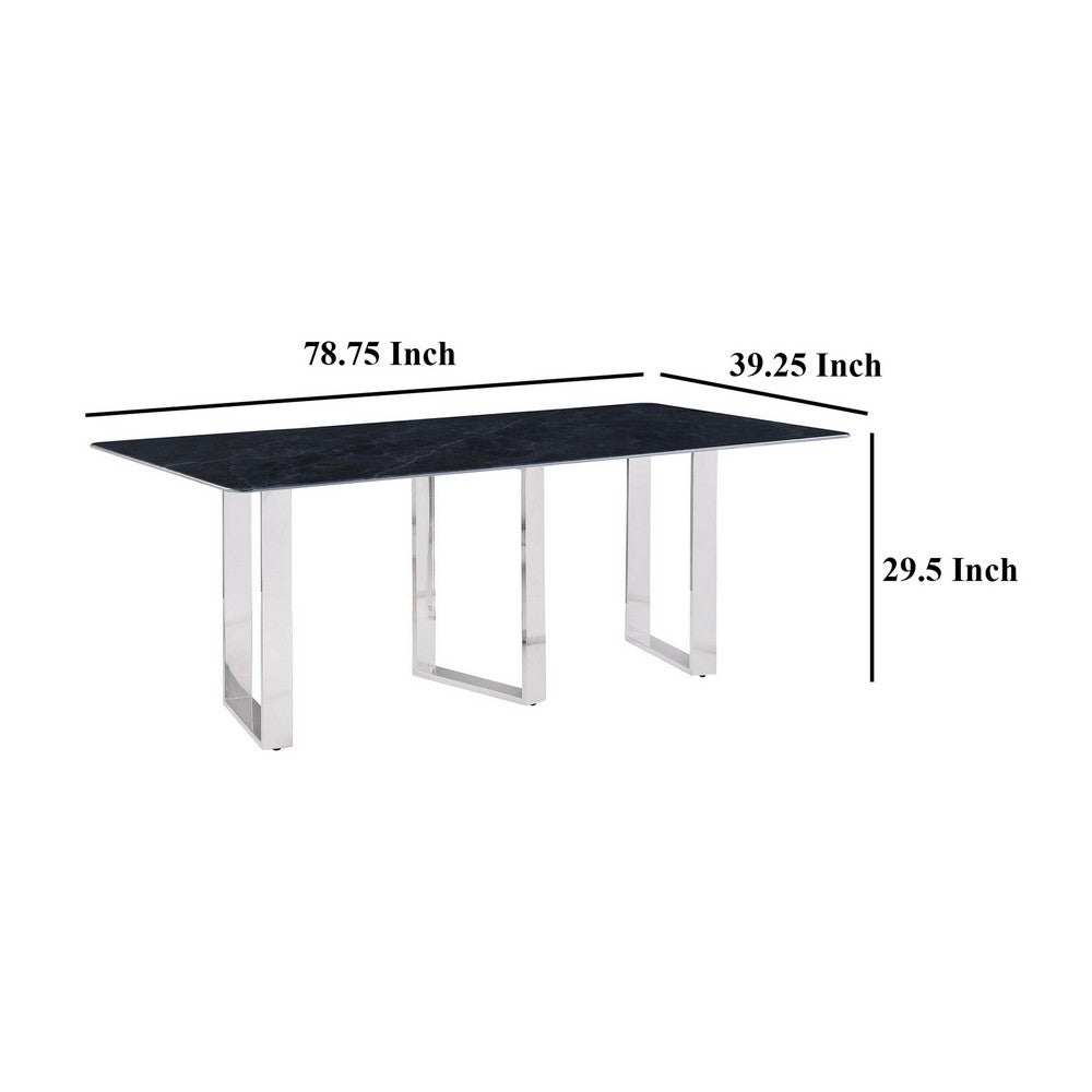 Eden Dining Table, Metal Base, Rectangular Gray Sintered Stone 79 Inch
