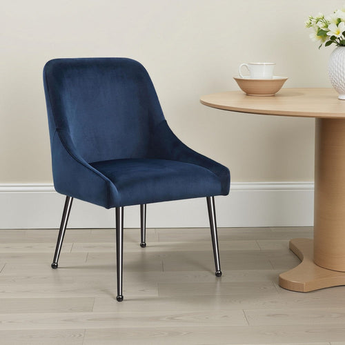 Maya Dining Side Chair Set of 2, Slope Arms, Black Metal, Blue Velvet