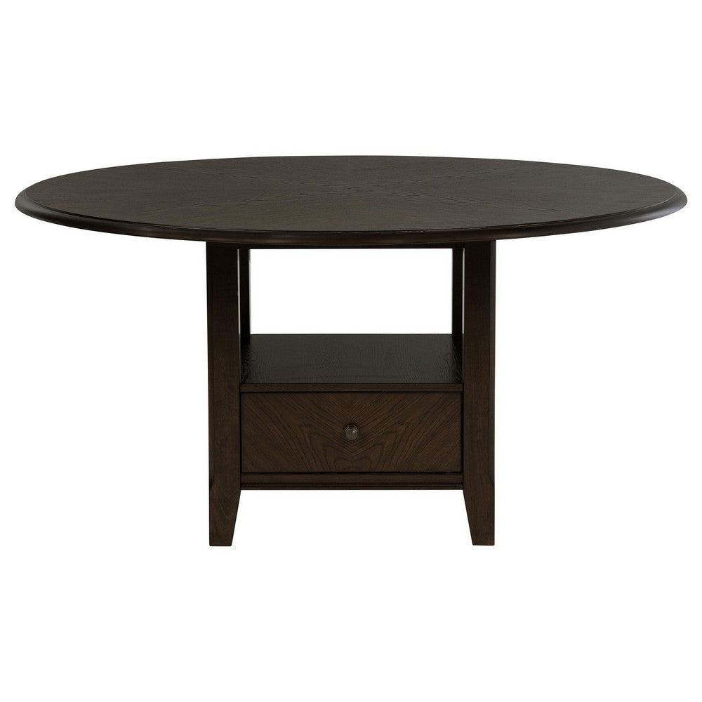 Tipa Round Dining Table with Drawer and Shelf, Dark Cocoa Wood 60 Inch