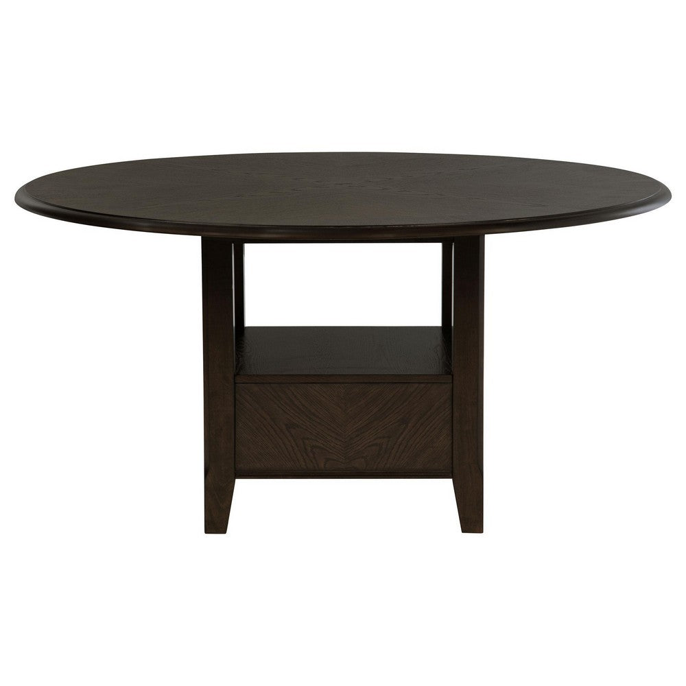 Tipa Round Dining Table with Drawer and Shelf, Dark Cocoa Wood 60 Inch
