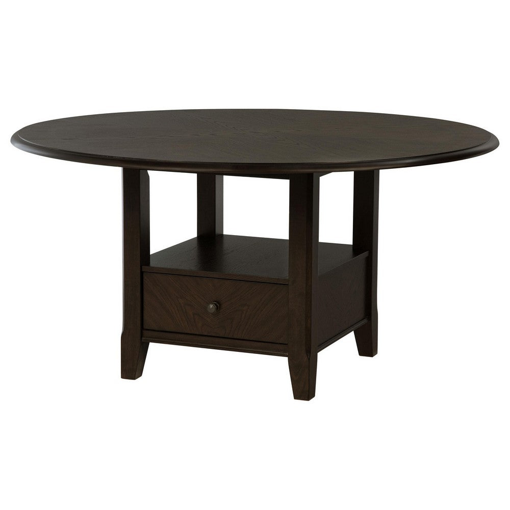 Tipa Round Dining Table with Drawer and Shelf, Dark Cocoa Wood 60 Inch