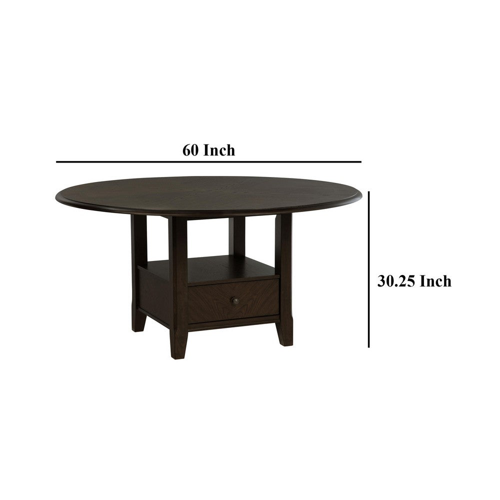 Tipa Round Dining Table with Drawer and Shelf, Dark Cocoa Wood 60 Inch