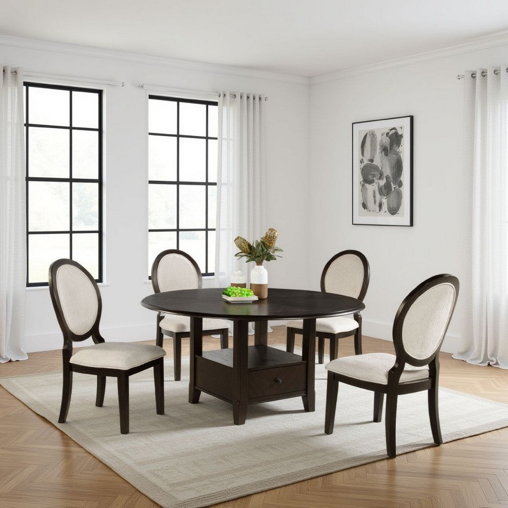 Tipa Round Dining Table with Drawer and Shelf, Dark Cocoa Wood 60 Inch