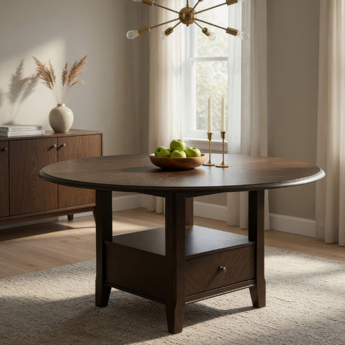 Tipa Round Dining Table with Drawer and Shelf, Dark Cocoa Wood 60 Inch