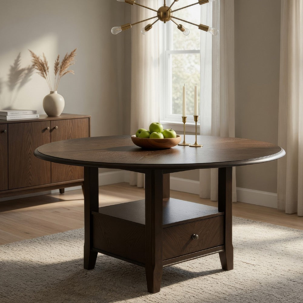 Tipa Round Dining Table with Drawer and Shelf, Dark Cocoa Wood 60 Inch