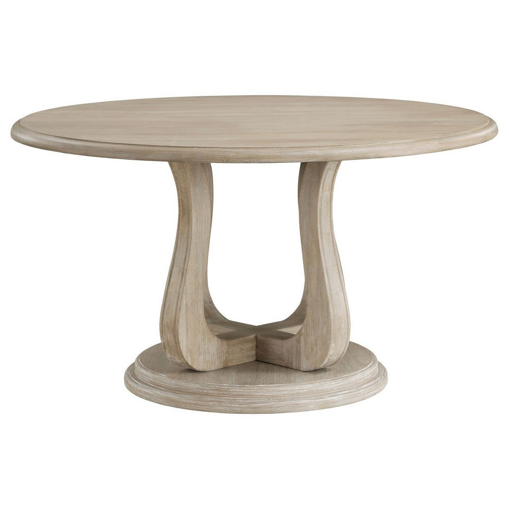 Eva Round Dining Table, Pedestal Base, White Washed Brown Wood 60 Inch